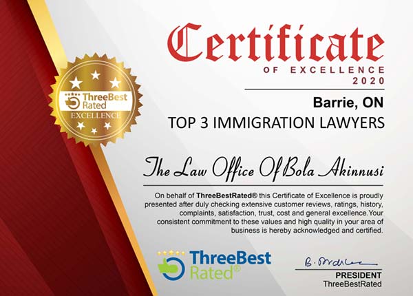 Certificate of Excellence for Top 3 Immigration Lawyers in Barrie 2020